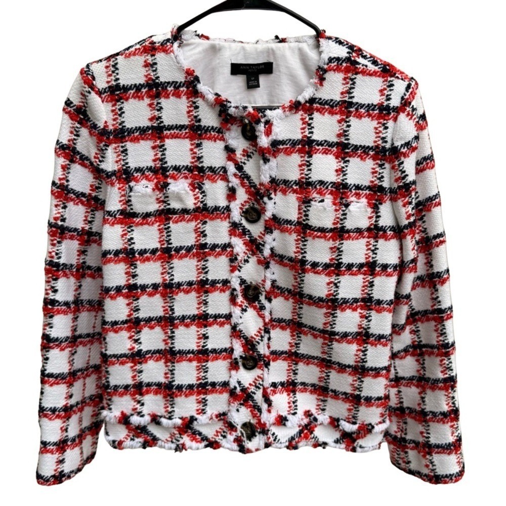 Ann Taylor Petite Red White Black Plaid Tweed Fringe Trim Jacket Blazer Size SP